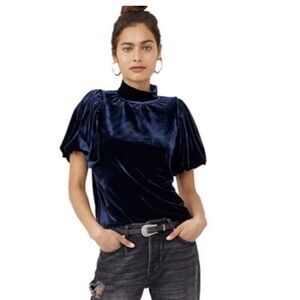 Free People Claudia Blue Velvet Puff Sleeve Blouse size XS